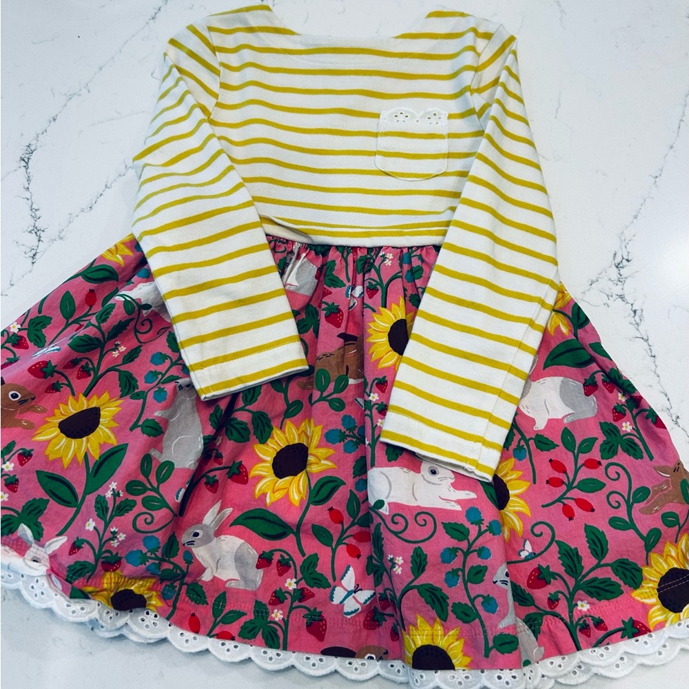 Mini Boden Hotchpotch Dress Striped Yellow Bunny Floral Dress